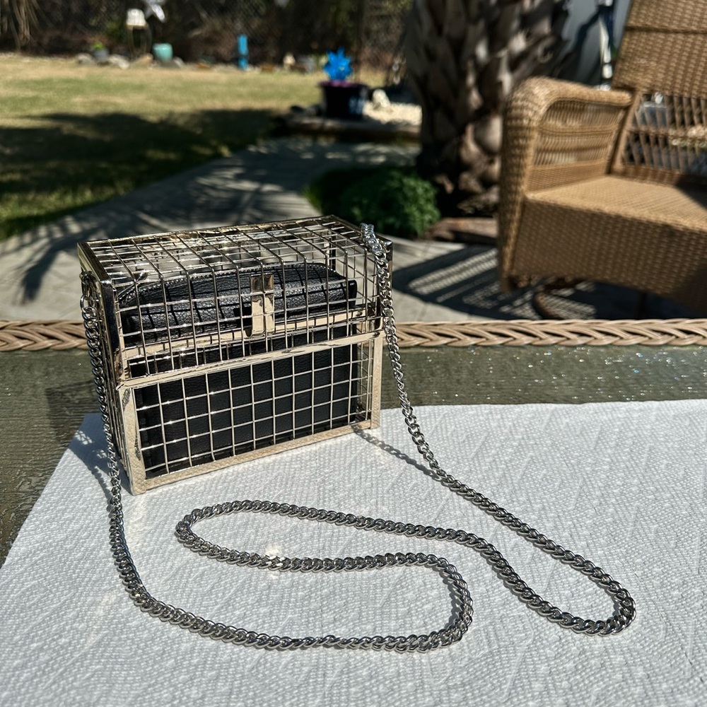 Silver and Black Cage Clutch with Chain - Picture 8 of 11
